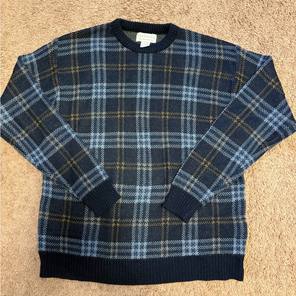Stylish Navy and Light Blue Plaid Crewneck Sweater